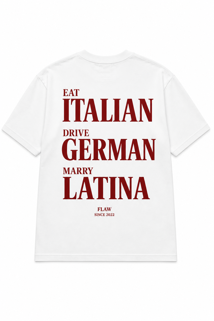 Polera FLAW Eat Italian Drive German – Relaxed Fit color blanco vista trasera