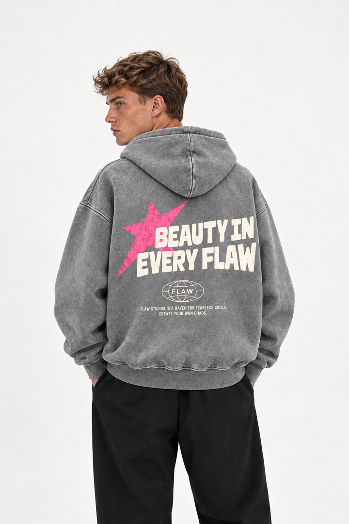 Polerón Essential Beuty Acid Wash Flaw - Gris Acid Wash - hombre en estudio - espalda