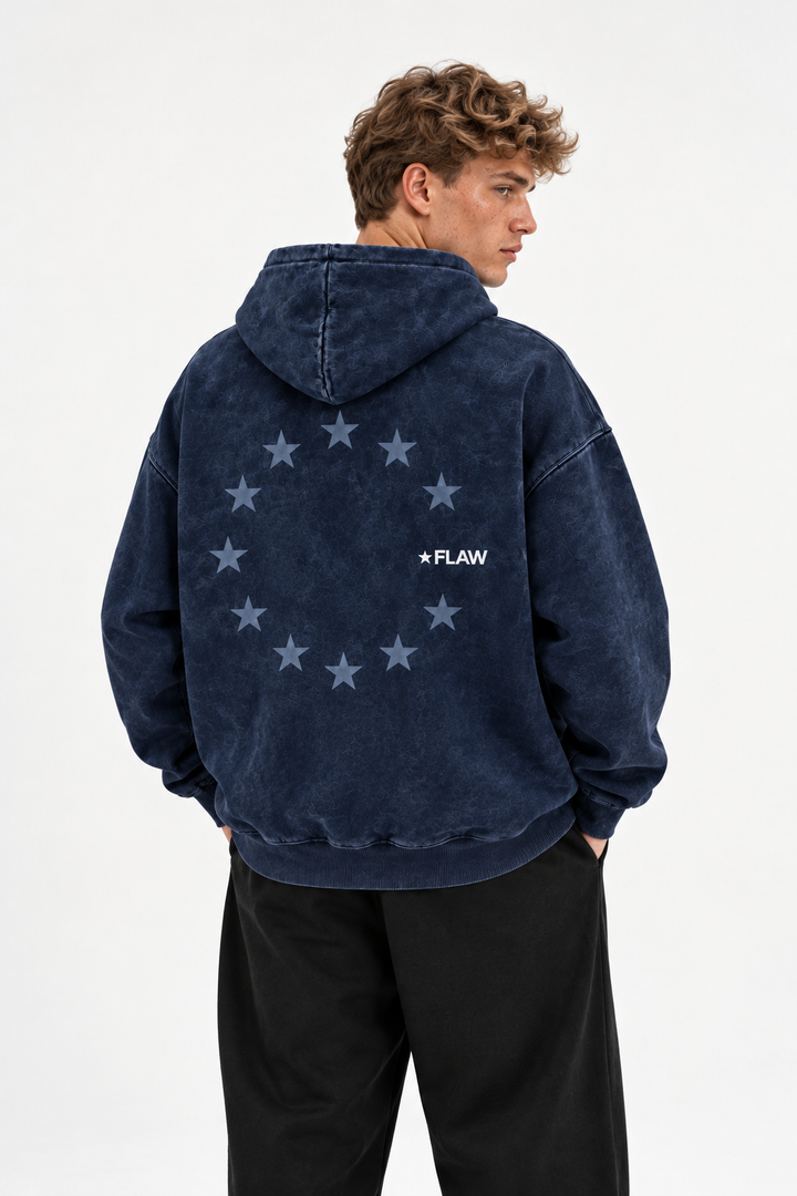 Polerón Essential Cosmic Acid 2.0 Flaw - Azul marino Acid Wash - hombre en estudio - espalda