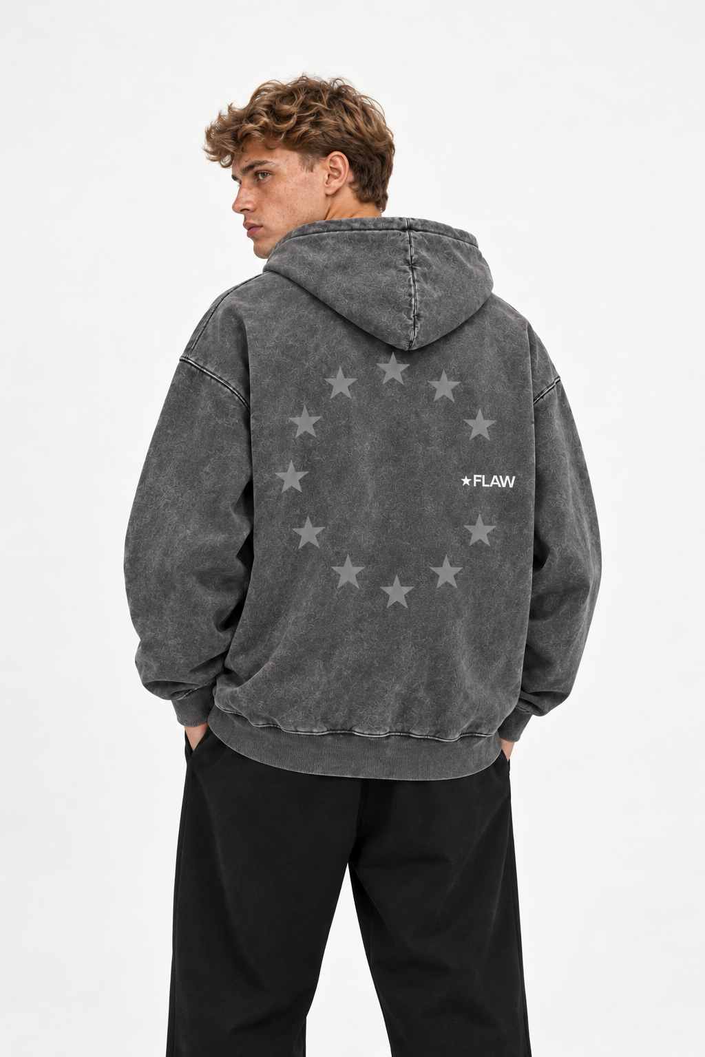 Polerón Essential Cosmic Acid 2.0 Flaw - Gris Acid Wash - hombre en estudio - espalda