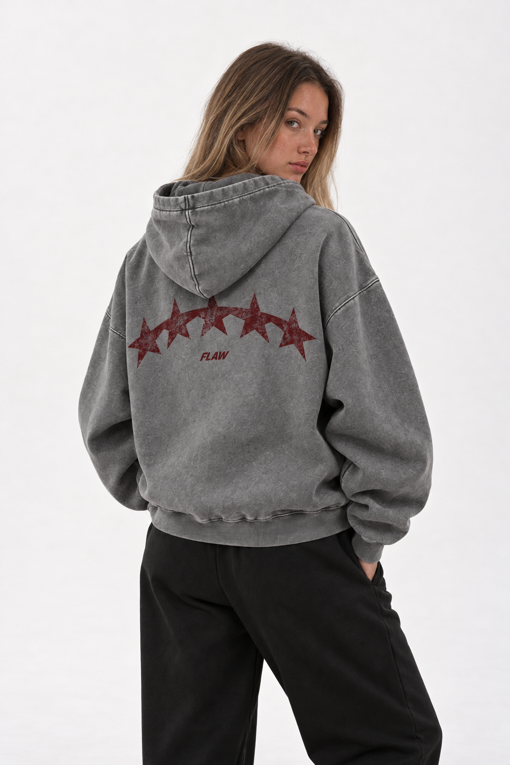 Polerón Essential Moon Acid Flaw - Gris Acid Wash - mujer en estudio - espalda