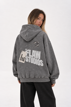 Polerón Essential Pin 2.0 Ácid Wash Flaw - Gris Acid Wash - mujer en estudio - espalda