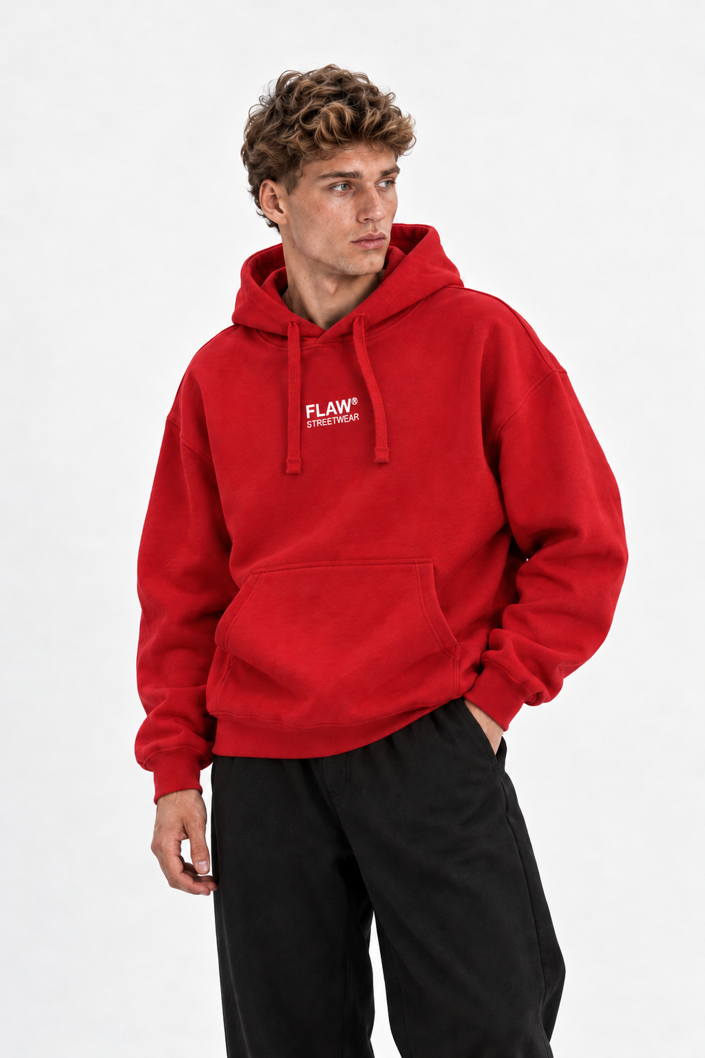 Polerón Essential Flaw - Rojo - hombre en estudio - frente
