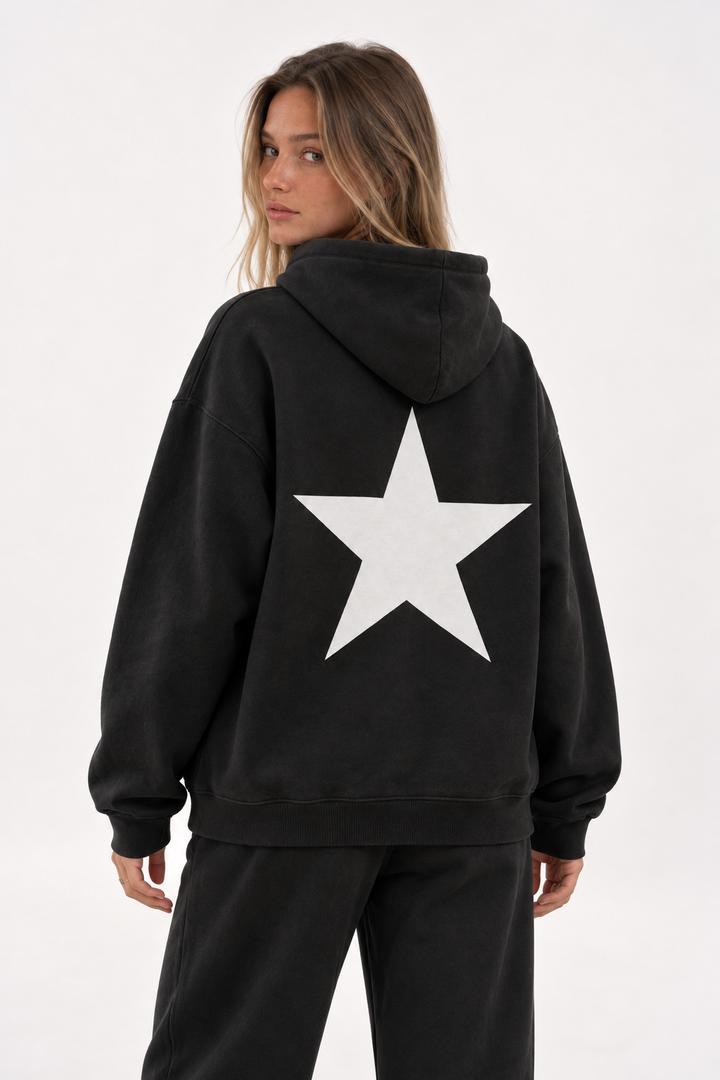 Polerón Essential Twins Flaw - Negro - mujer en estudio - espalda