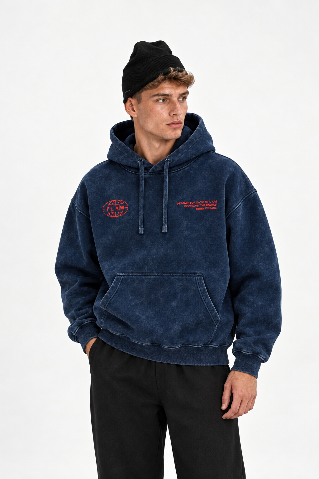 Polerón Essential World Acid Wash Flaw - Azul marino Acid Wash - hombre en estudio - frente