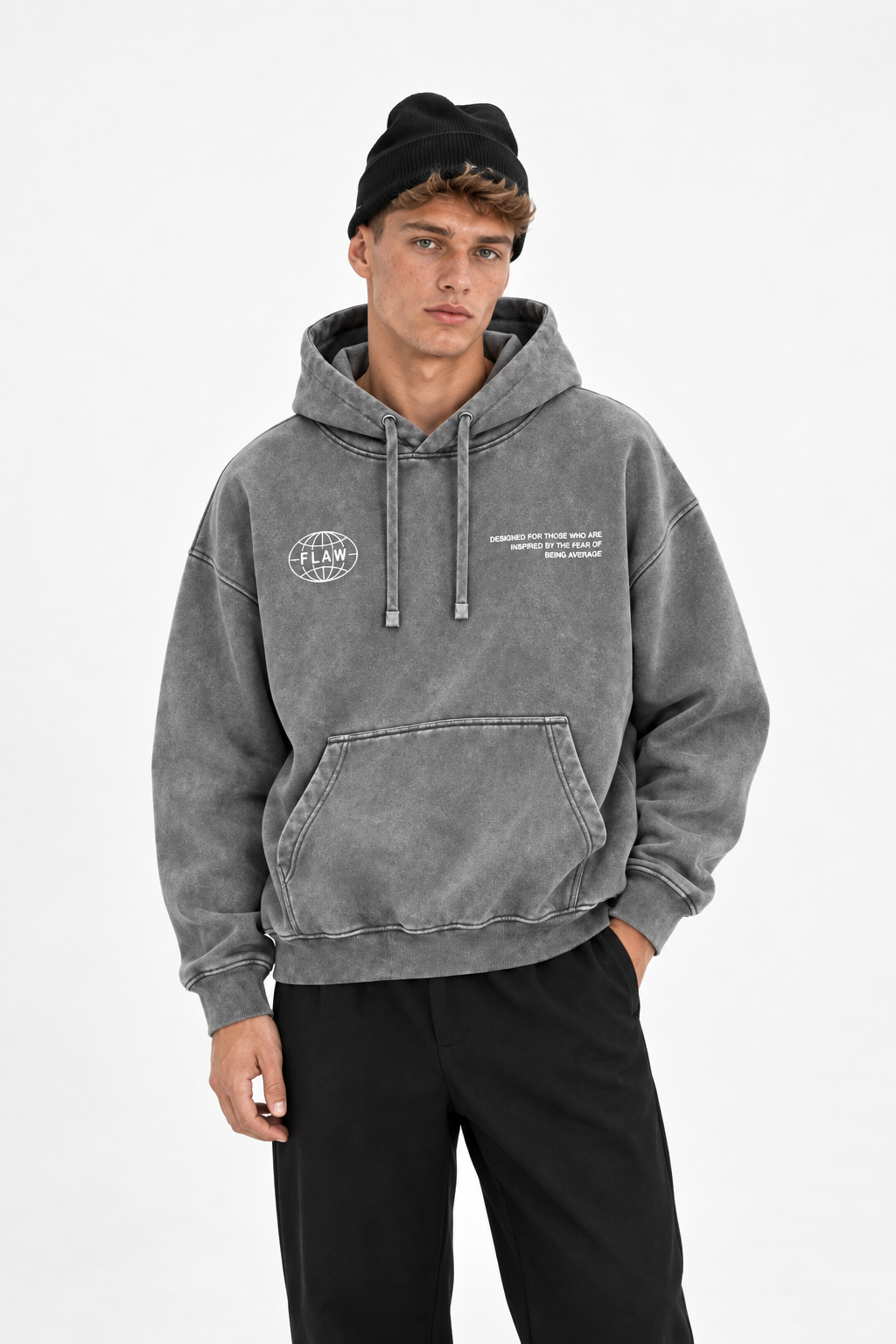 Polerón Essential World Acid Wash Flaw - Gris Acid Wash - hombre en estudio - frente